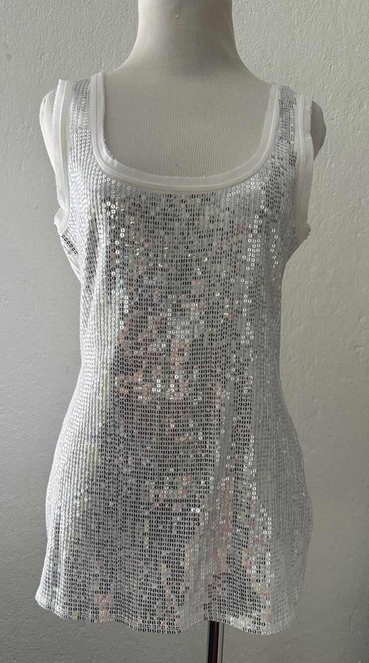 White House Black Market Sequin Tank Top S Silver White Y2K Party Sparkle Frayed